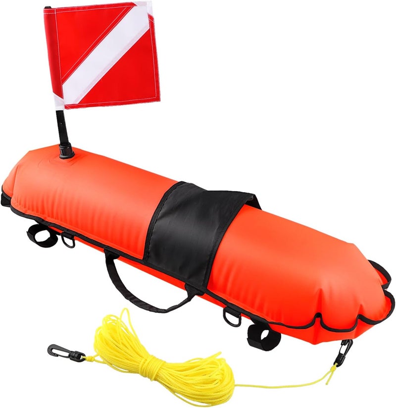 Owekfifv Spearfishing Buoy, Hi-Visibility Inflatable Torpedo Buoy Float Signal Floater Ball with Dive Safety Flag and 82ft Ropes for Scuba Diving, Freediving, Snorkeling, Swimming - Image 1